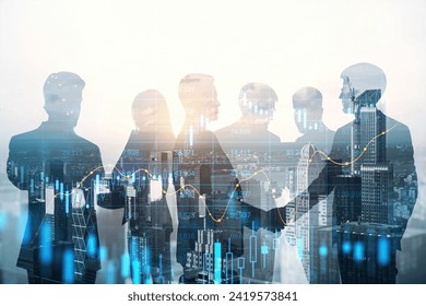 Group of businesspeople standing on blurry city backdrop with forex chart. Trade and finance concept. Double exposure