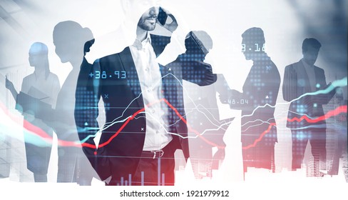 Group of businesspeople working on project. CEO on foreground is conducting conference call using smart pohone. Financial chart and hologram Globe over scene. Double exposure.