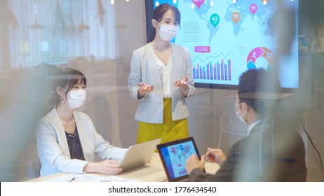 Group Of Businessperson Meeting In The Office With Surgical Mask.