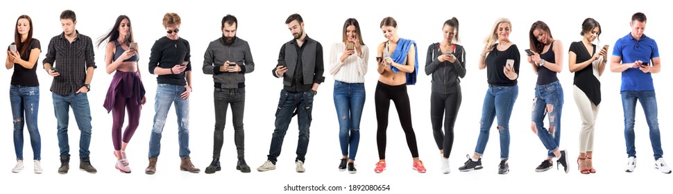Group of casual people using cell phones full body isolated on white background. 
