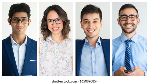 Group of cheerful confident young citizens looking at camera. Multiscreen montage, split screen collage. Office employees concept