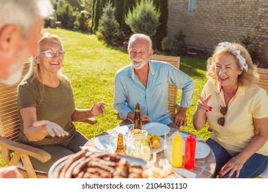 Group of cheerful senior friends having an outdoor lunch in the backyard, gathered around the table, host bringing food on a tray, offering it to guests