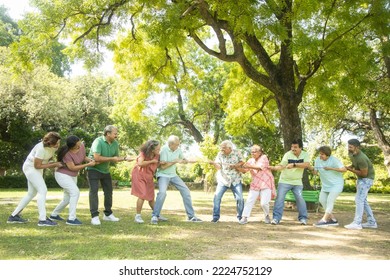 Group Of cheerful senior Indian People Play Tug of War Outdoor In summer Park. old men and women sport activity, Holidays and vacation, Enjoy Picnic, Health and fitness. Retirement, Stress free life.  - Powered by Shutterstock