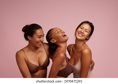 Group Of Cheerful Women In Lingerie. Natural Beauties Smiling In Underwear.