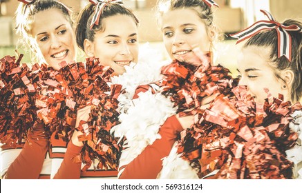 Group Of Cheerleaders At University Sport Event Show - Concept Of Unity And Team Sport With Active Girls - Training At College High School With Young Female Teenagers - Warm Desaturated Retro Filter