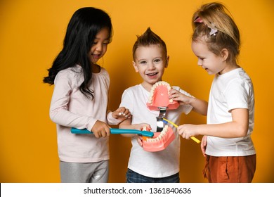 Group Of Children Brushing Their Teeth With A Toothbrush Denture Denture Toothbrush Jaw. Oral Hygiene Concept