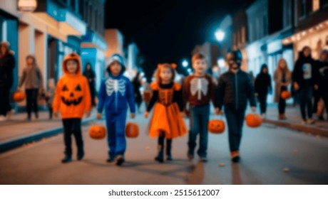 A group of children dressed in Halloween costumes, walking down a festive street at night, carrying pumpkin-shaped candy buckets. The image has a soft focus, perfect for background use - Powered by Shutterstock