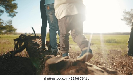 group of children playing in the park. legs close-up walking on a log in a forest park. happy family kid dream concept. group team of children walk on a fallen tree in a forest park lifestyle - Powered by Shutterstock