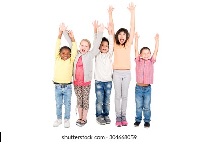 Group of children posing with raised hands isolated in white - Shutterstock ID 304668059