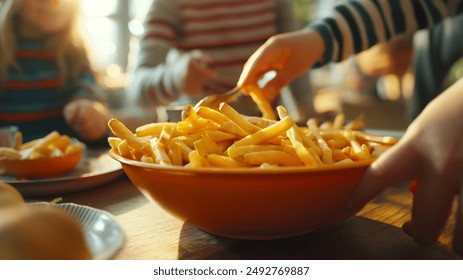 A group of children reaching for a bowl of French fries on a wooden table in a bright, sunlit room. The children are wearing colorful striped shirts. - Powered by Shutterstock