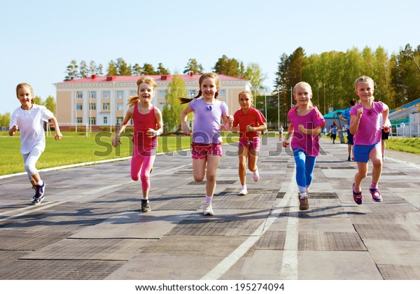 Group Children Running On Treadmill Stadium Stock Photo (Edit Now ...