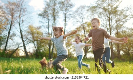 group of children running in the park. happy family baby kid dream concept. kindergarten. children hands to the sides play pilots plane run on the grass in the summer in the lifestyle park