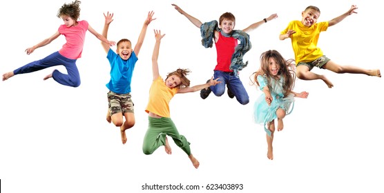 Group Of Children Shouting Screaming Jumping Dancing. Isolated Over White Background. Childhood, Freedom, Happiness, Active Lifestyle Concept. Young Jumpers Dancers Kids Girls And Boys