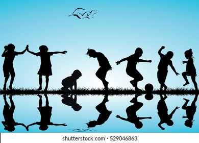 Group of children silhouettes playing outdoor