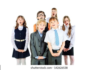 Group of children singing in the school choir. Isolated over white.