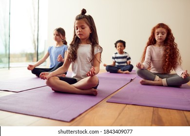 Group Of Children Sitting On Exercise Mats And Meditating In Yoga Studio - Powered by Shutterstock