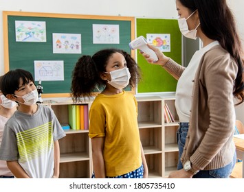 A group of Children students wearing masks lined up waiting for woman teachers to Check Fever by Digital Thermometer in the classroom for Scan and Protect from Coronavirus Outbreak - Healthcare Concep - Powered by Shutterstock