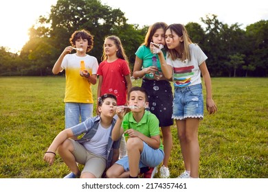 Group children teens boys and girls posing on green lawn and blowing bubbles having fun with friends from elementary school dressed in casual clothes in summer park. Kids party outdoor concept