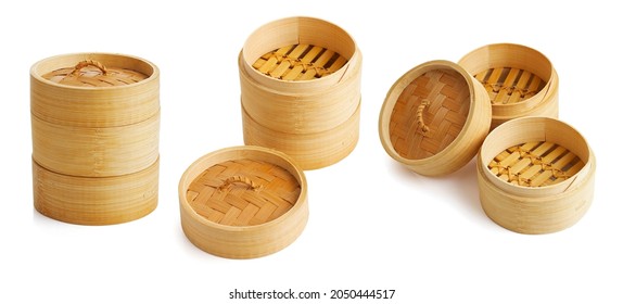 Group of chinese bamboo steamer isolated on white background