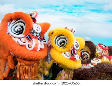 Group Of Chinese Lion Dance Costumes Close Up