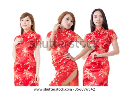 Group of Chinese women dress traditional cheongsam at New Year, studio shot isolated on white background.