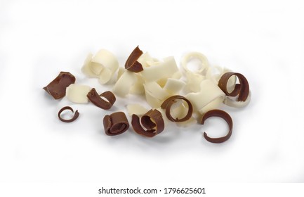 Group of chocolate shavings. White and black Chocolate Curls Isolated On White Background.  Chocolate roll.