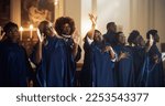 Group Of Christian Gospel Singers Praising Lord Jesus Christ. Song Spreads Blessing, Harmony in Joy and Faith. Church is Filled with Spiritual Message Uplifting Hearts. Music Brings Peace, Hope, Love