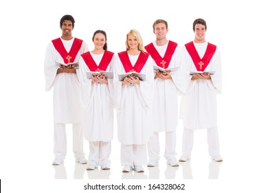 Group Church Choir With Hymnal On White Background