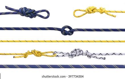 Group Of Climbing Ropes And Knots And Loops.  Set Of Mountaineering Ropes Isolated On White Background