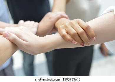 A group of close people grasping their arms together in a circle and showing solidarity and team work concept. - Shutterstock ID 1593733648
