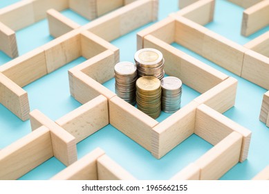 Group Of Coins Heaps In The Maze Game Built By Wood Blocks, Find A Way To Money Resource, Business Budget, Making Money Concept