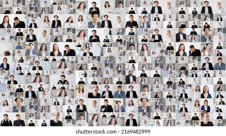 Group Collage. Business Video Conference. Multiple Headshot Composition. Face Screenshot Collection Of Diverse Team Working Online In Virtual Office.