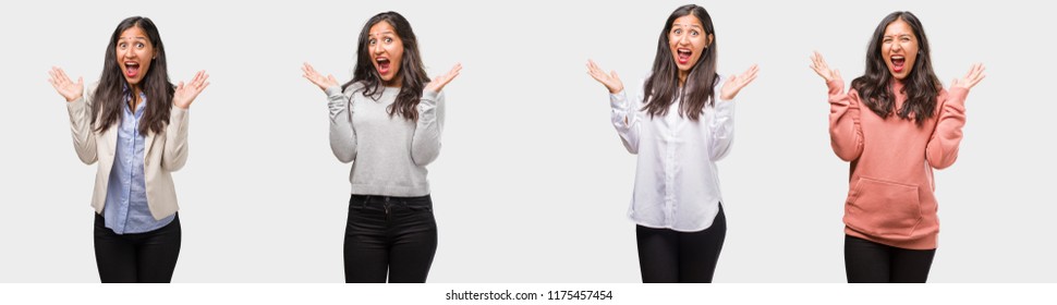 Group Or Collection Of Indian Young Woman Wearing Different Clothes Screaming Happy, Surprised By An Offer Or A Promotion, Gaping, Jumping And Proud