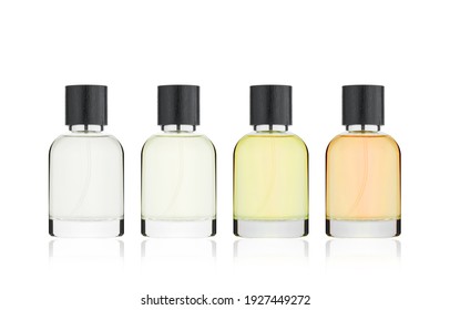 Group of color glass cosmetic bottles of different volume  with black plain  lid for beauty or healthy product. Isolated on white background with reflection. Ready to use for package design. 