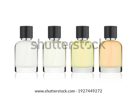 Group of color glass cosmetic bottles of different volume  with black plain  lid for beauty or healthy product. Isolated on white background with reflection. Ready to use for package design. 