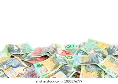 Group Of Colorful Australian Money Banknote Dollar (AUD) Pile On White Background Have Copyspace On Top For Put Text