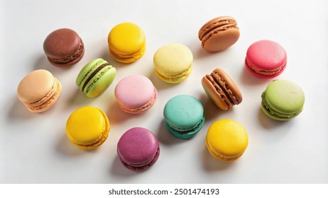 A group of colorful French macarons arranged on a white surface.