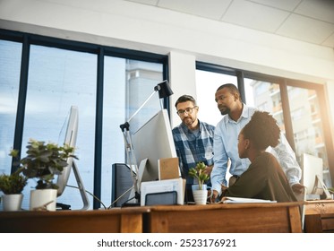 Group, computer and reading of project, office and intern with lead graphic designer, review and feedback. Teamwork, planning and criticism for assignment, creative and people in design agency - Powered by Shutterstock