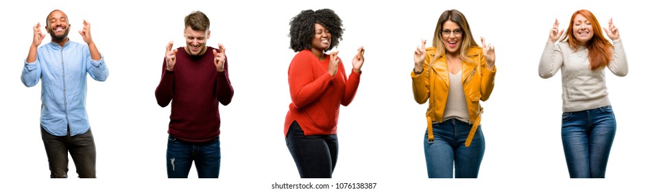 Group Of Cool People, Woman And Man With Crossed Fingers Asking For Good Luck