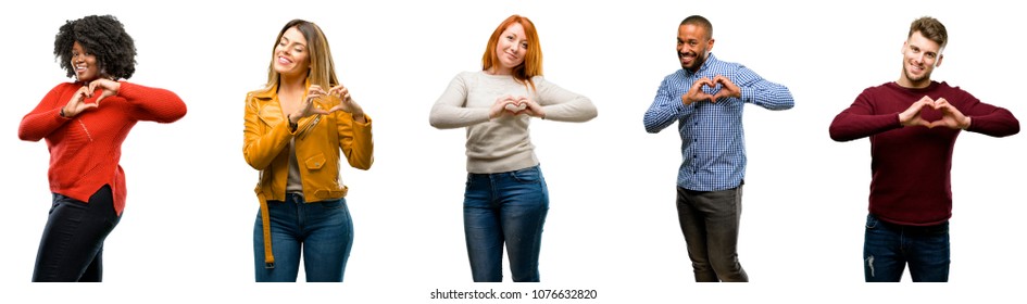 Group Of Cool People, Woman And Man Happy Showing Love With Hands In Heart Shape Expressing Healthy And Marriage Symbol