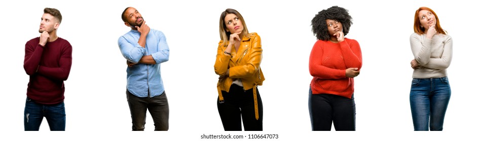 Group of cool people, woman and man thinking and looking up expressing doubt and wonder - Shutterstock ID 1106647073