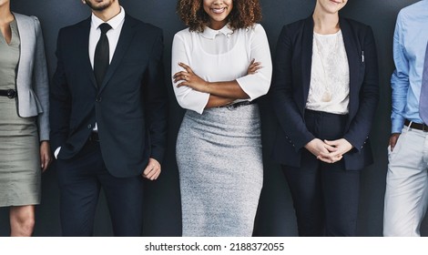 Group Of Corporate Business People Standing Against A Wall, To Voice Their Opinion. Team Of Many Work Colleagues In Line Wearing Formal Suit For Interview. Executive Employees Together At Company