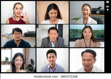 Group Corporate Video Conference Computer Monitor Screen with asian people meeting by internet 