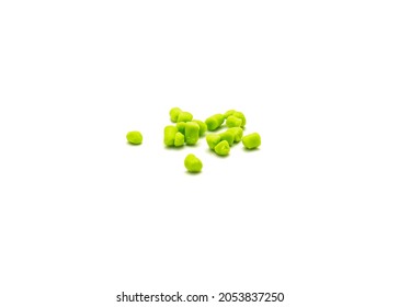 Group of crappie bites bait in chartreuse color isolated on white background. Artificial fishing bait fit on crappie hooks.