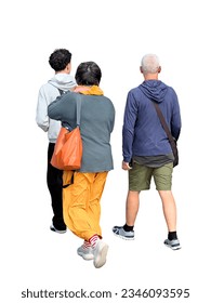 A group of cut-out people in bright yellow, orange and blue clothing walk forward. Back view of isolated people for renders, 3d visualization and architectural images