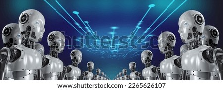 group of cyborgs in factory. group of artificial intelligence robots.