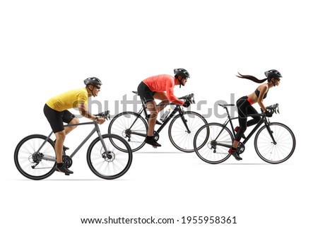 Group of cyclist riding fast isolated on white background