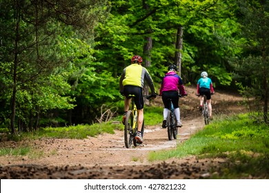 Group of cyclists on the forest trail - family trip on bikes in lush green nature