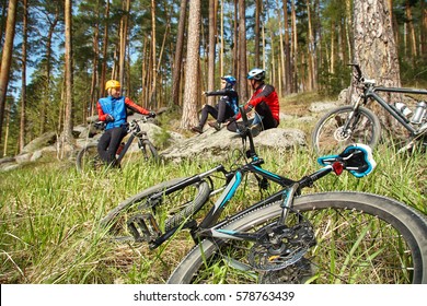 Group Of Cyclists On A Halt. Team Outdoors. Mountain Bike