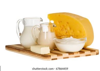 Group Of Dairy Milk Products Ingredients On Wood Board Isolated On White